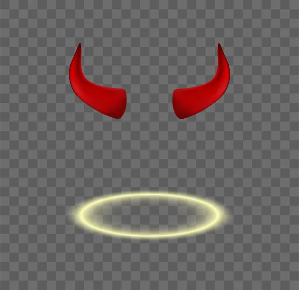 一组在透明背景下隔离的矢量红色魔鬼角和闪亮的天使光环 — 图库矢量图片
