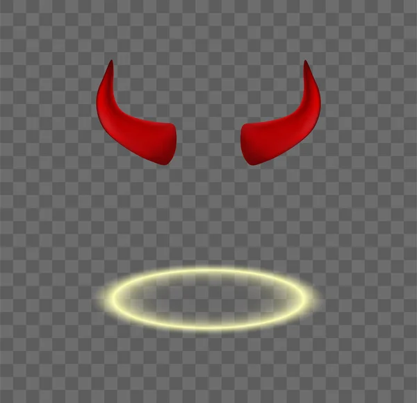 Uppsättning Vektor Röda Djävulen Horn Och Lysande Ängel Gloria Isolerad — Stock vektor