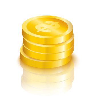 Beyaz arkaplanda yansıması ve gölgesi olan dolar işaretli parlak altın paralar yığını