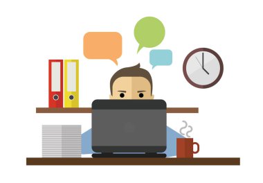 Bilgisayarının başında oturan ve çalışan bir adamın düz vektör çizimi