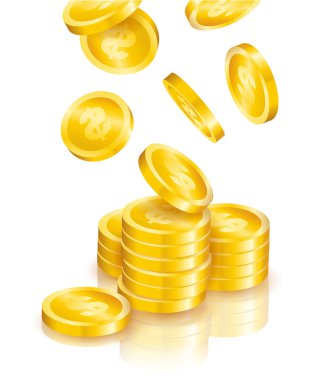 Dolar işaretli altın paralar beyaz arkaplanda izole edilmiş yığınlara düşüyor - vektör illüstrasyonu