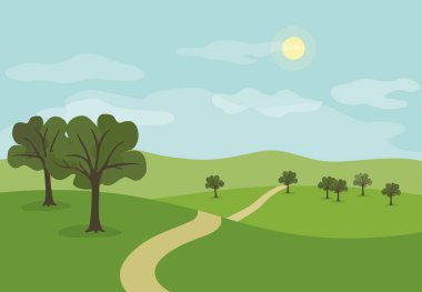 Yazın yeşil tepeler ve ağaçlı çayırlar boyunca uzanan manzara, karikatür vektör çizimi