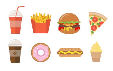 Beyaz arkaplanda izole edilmiş vektör düz fast food simgeleri koleksiyonu