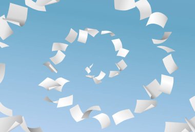 Mavi gökyüzü arka planında dönen boş kağıtlar - evrak işleri, ofis belgeleri