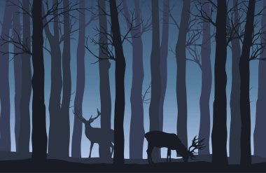 Mavi tonda iki geyik ile vektör gece ormanı manzarası