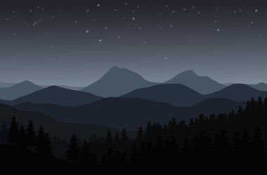 Dağların, tepelerin, ormanın ve gökyüzündeki yıldızların siluetleriyle gece manzarası - vektör çizimi