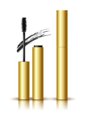 Vektör gerçekçi altın, beyaz arkaplanda gölgesi ve yansıması olan rimel açılıp kapatıldı