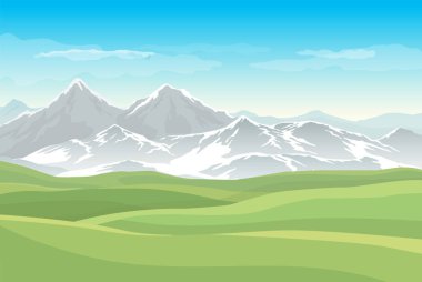 Yeşil çayırları ya da tarlaları olan vektör manzarası ve arka planda karlı dağlar