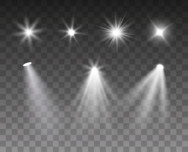 Spot ışığı ve ışık patlaması efektlerinden oluşan vektör kümesi koyu arkaplanda izole edildi