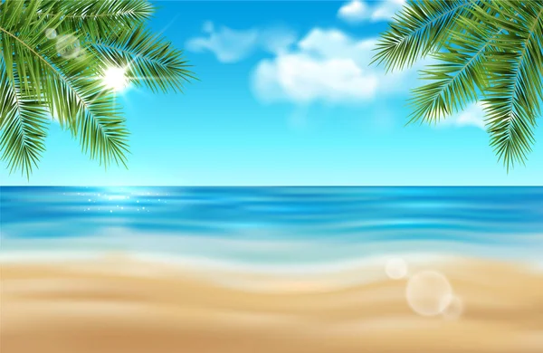 Vektorsommerliche Strandlandschaft Mit Palmen Meer Strahlender Sonne Und Wolken — Stockvektor