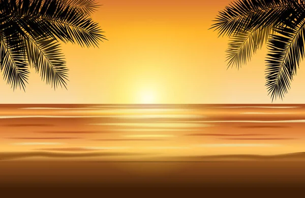 Tropische Landschaft Mit Strand Meer Palmen Und Sonnenuntergang Vektorillustration — Stockvektor