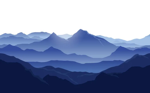 Paisaje Vectorial Con Siluetas Azules Montañas Con Niebla Cielo Blanco — Vector de stock