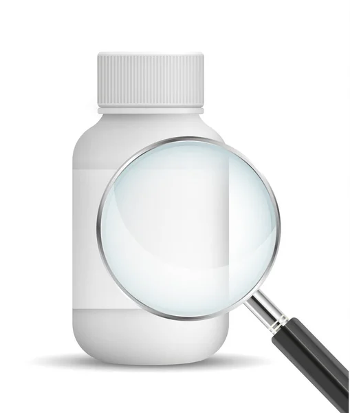 Διάνυσμα Ρεαλιστικό Λευκό Μπουκάλι Πρότυπο Μεγεθυντικό Φακό Συστατικά Ανάλυση — Διανυσματικό Αρχείο