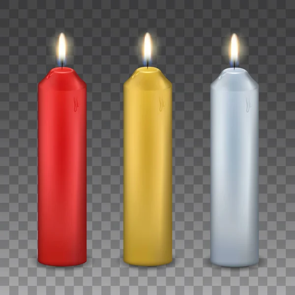 Ensemble Vectoriel Trois Bougies Brûlantes Réalistes Rouge Argent — Image vectorielle