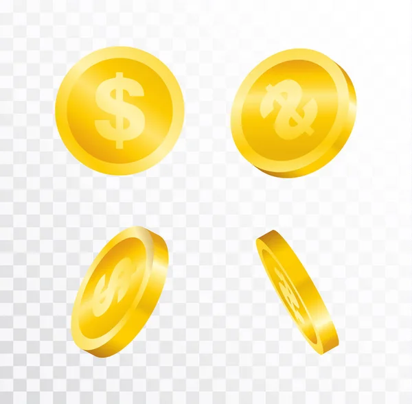 Ilustração Vetorial Moeda Ouro Com Sinal Dólar Diferentes Posições Isoladas —  Vetores de Stock