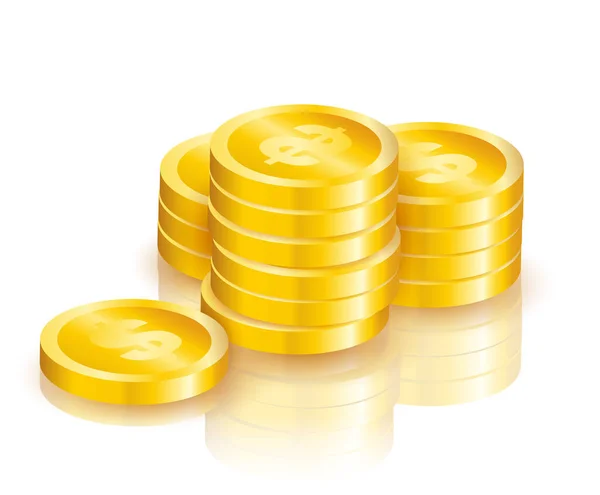 Pilha Moedas Douradas Brilhantes Com Sinal Dólar Com Sombras Reflexões —  Vetores de Stock