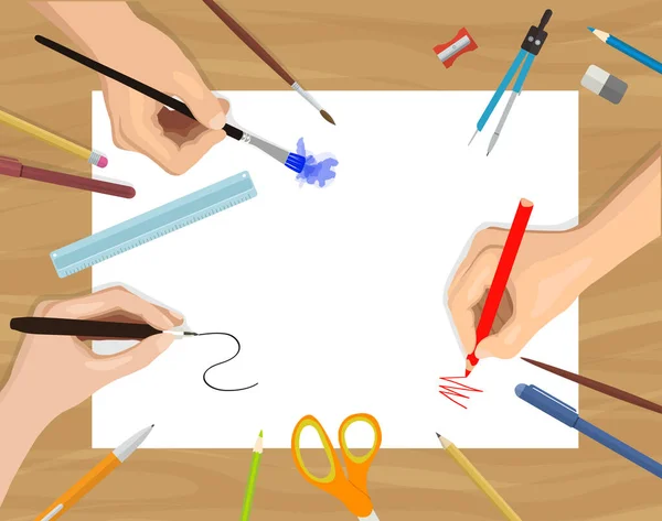 Tahta Masadaki Metniniz Için Beyaz Kağıt Üzerine Boyama Çizim Sanatları — Stok Vektör