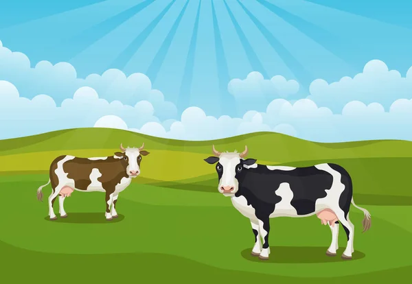 Paisaje Dibujos Animados Vectorial Con Dos Vacas Prados Verdes Soleados — Archivo Imágenes Vectoriales