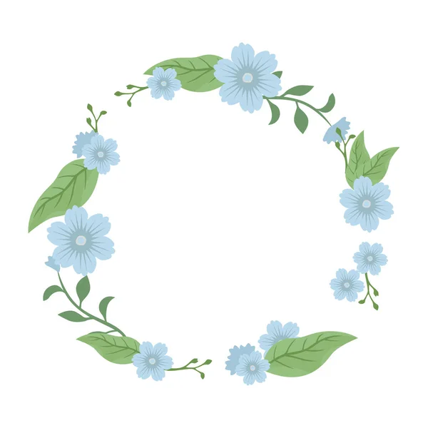 緑の葉と白の背景に隔離された青の花とかわいいベクトルの花の装飾ラウンドフレーム — ストックベクタ