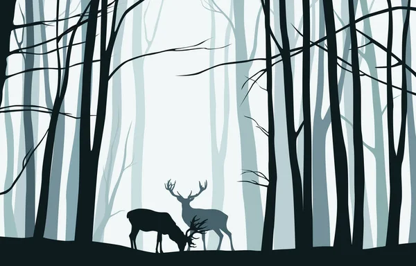 Forest Landscape Blue Silhouettes Trees Deers Vector Illustration — Stock Vector