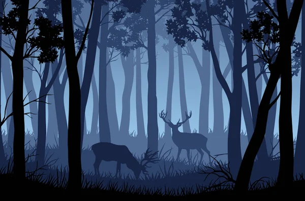 Paisaje Vectorial Nocturno Con Árboles Azules Siluetas Ciervo Bosque Oscuro — Vector de stock