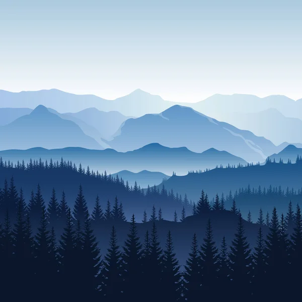 Vecteur Bleu Paysage Brumeux Avec Des Silhouettes Montagnes Collines Arbres — Image vectorielle