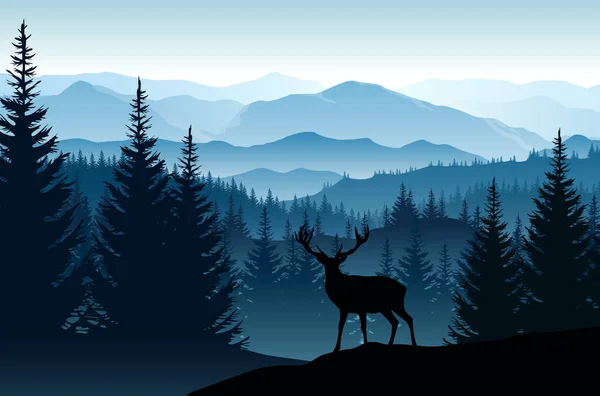 Paysage Bleu Vectoriel Avec Silhouettes Montagnes Brumeuses Forêts Cerfs — Image vectorielle