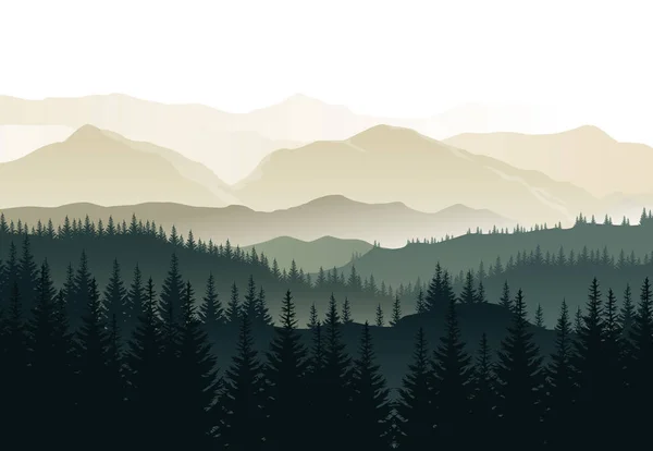 Vector Hermoso Paisaje Matutino Con Bosques Verdes Brumosos Montañas — Vector de stock