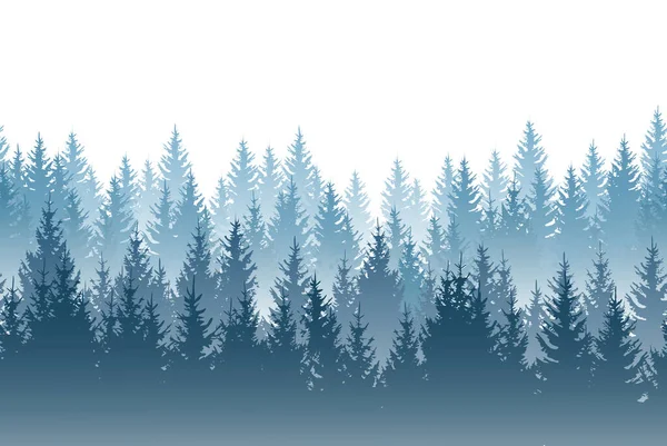 Paisagem Florestal Nebulosa Vetorial Com Silhuetas Azuis Detalhadas Árvores Coníferas — Vetor de Stock