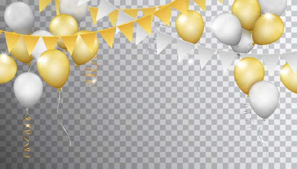 Banner Vectorial Con Realistas Globos Guirnaldas Metálicas Doradas Plateadas Con — Vector de stock