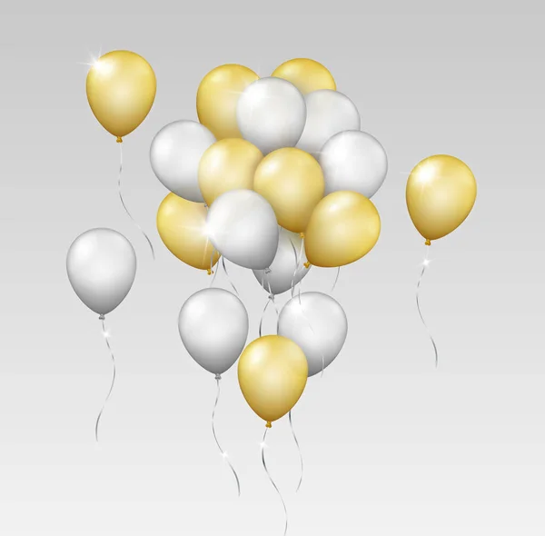 Διάνυσμα Ρεαλιστική Λαμπερή Ομάδα Από Ασημένια Και Χρυσά Ιπτάμενα Μπαλόνια — Διανυσματικό Αρχείο