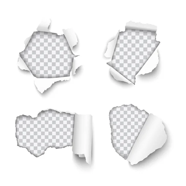 Saydam arkaplanda kenarları izole edilmiş, kağıt üzerinde yırtılmış çeşitli delikler vektör kümesi