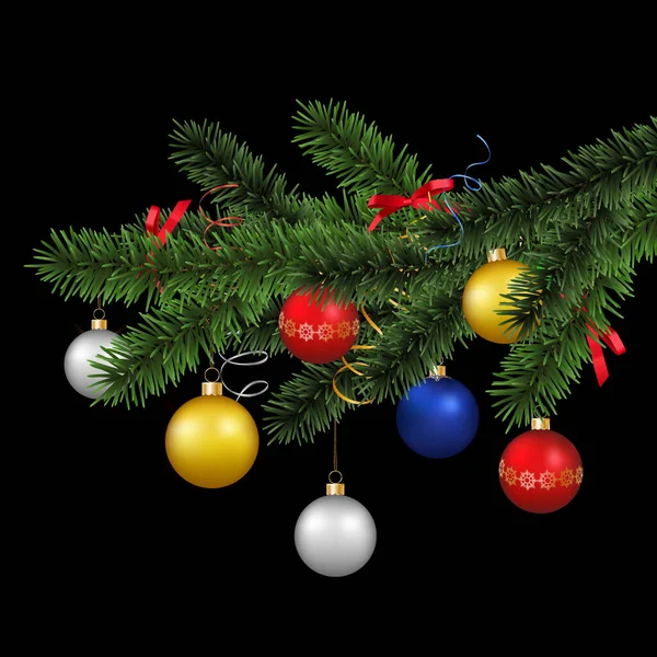 Gerçekçi Noel Kozalaklı Ağaç Dalları Siyah Arka Planda Takılar Kurdelelerle — Stok Vektör