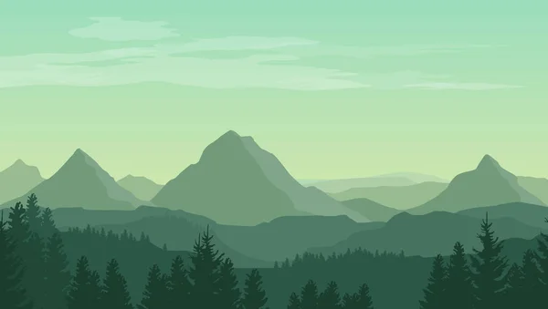 Paisaje Con Siluetas Verdes Montañas Colinas Bosques Nubes Cielo Ilustración — Vector de stock