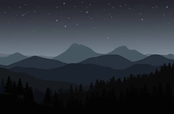 Ночной Пейзаж Силуэтами Гор Холмов Лесов Звезд Небе Векторная Иллюстрация — стоковый вектор