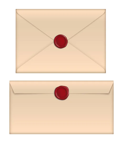 Vector Bruin Papier Retro Enveloppen Met Rode Wax Afdichting Geïsoleerd — Stockvector