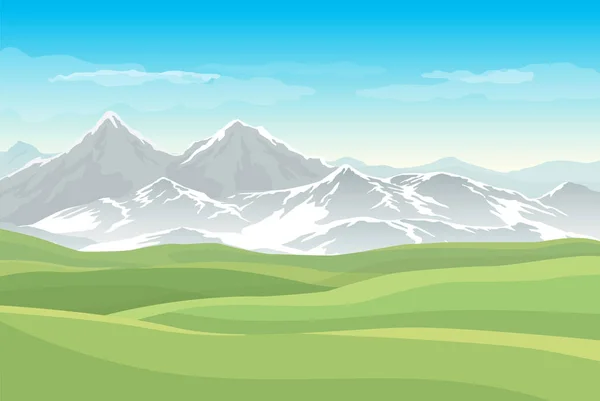 Yeşil çayırları ya da tarlaları olan vektör manzarası ve arka planda karlı dağlar