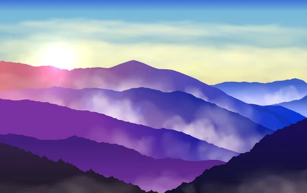 Διάνυσμα Όμορφες Πολύχρωμες Σιλουέτες Ομιχλώδη Βουνά Ήλιο Και Σύννεφα Στον — Διανυσματικό Αρχείο