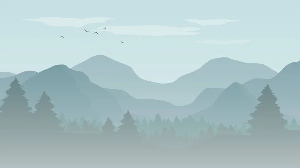 Пейзаж Голубыми Силуэтами Гор Холмов Лесов Летающими Птицами Небе Векторная — стоковый вектор
