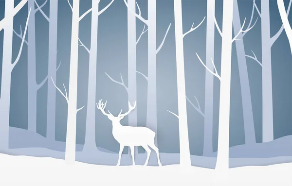 Vector paper cut style landscape with winter forest and deer on blue background
