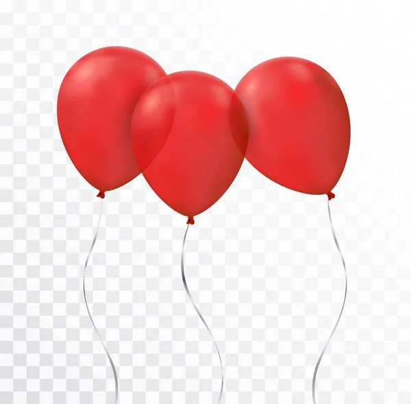 Groep Van Drie Glanzende Rode Vliegende Ballonnen Geïsoleerd Transparante Achtergrond — Stockvector