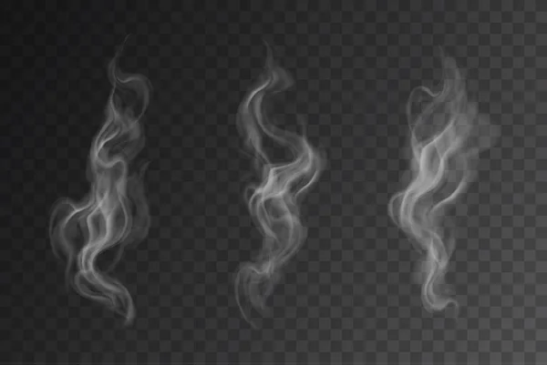 Vektör gerçekçi duman veya buhar seti koyu arkaplanda izole edildi