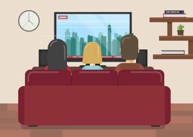 Oturma odasında kanepede oturup haberleri izleyen ailenin düz vektör çizimi