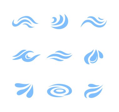 Beyaz zemin üzerinde izole edilmiş dalga ve damla içeren mavi vektör suyu temalı simgeler kümesi