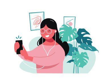 Akıllı telefon ve kulaklıklı mutlu bir kadının düz vektör çizimi, çevrimiçi arama yapmak veya video çekmek veya sosyal medya için fotoğraf çekmek, daha etkili yaşam tarzı