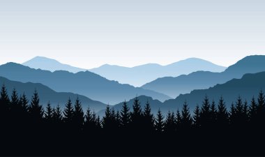 Dağ ve orman siluetleriyle vektör mavi panoramik manzara