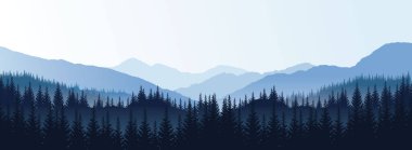 Mavi ağaç ve tepelerin siluetleriyle vektör panoramik manzara