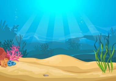 Vector cartoon colorful underwater landscape with sea plants and corals clipart