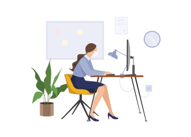 Masasında oturan, çalışan, ofiste maske takan bir kadın. Beyaz arka planda vektör çizimi.