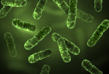 Vector realistic microscopic green bacteria cells with blurred background - medical illustration clipart